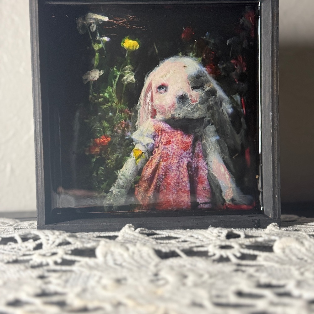 Whimsical Bunny Art with resin in Black Frame - creepy cute